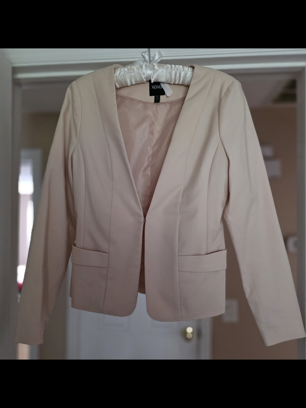 XOXO Women's Light Cream Collarless Blazer Jacket